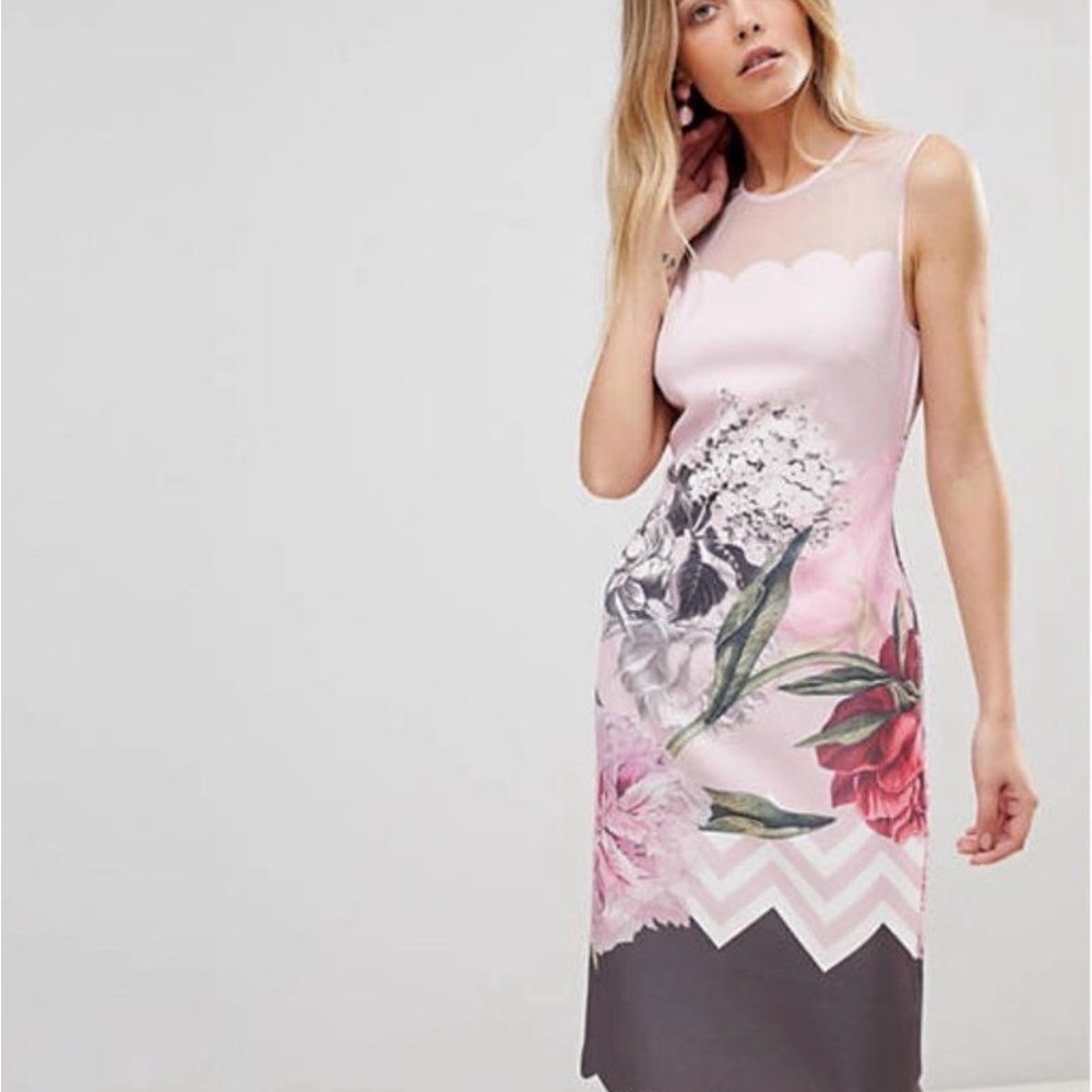 Ted Baker Pink and Gray Floral Midi Dress